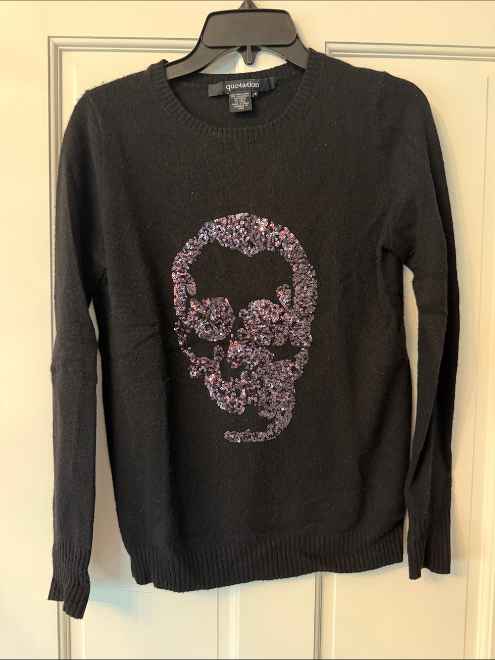 Bloomingdale's Black Crewneck Sweater with Sequin Skull